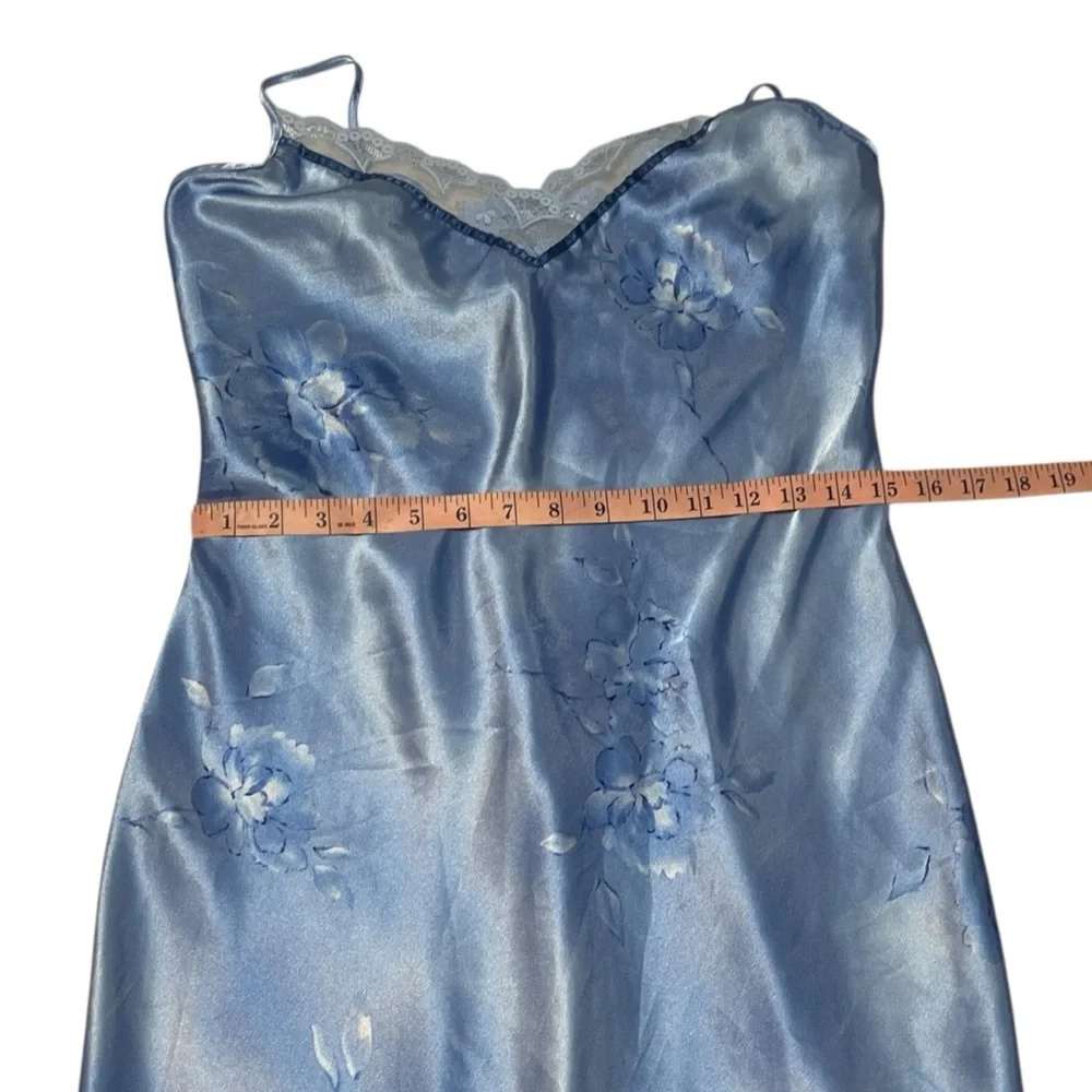 Private‎ Luxuries Vintage Blue Floral Shiny Satin Sexy Slip Dress Nightgown 8 - Picture 7 of 10